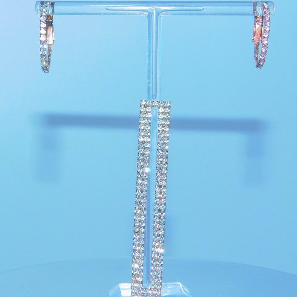 Wear 2 Ways Rose Gd Hoops With Dangling Rectangles - Picture 2 of 10